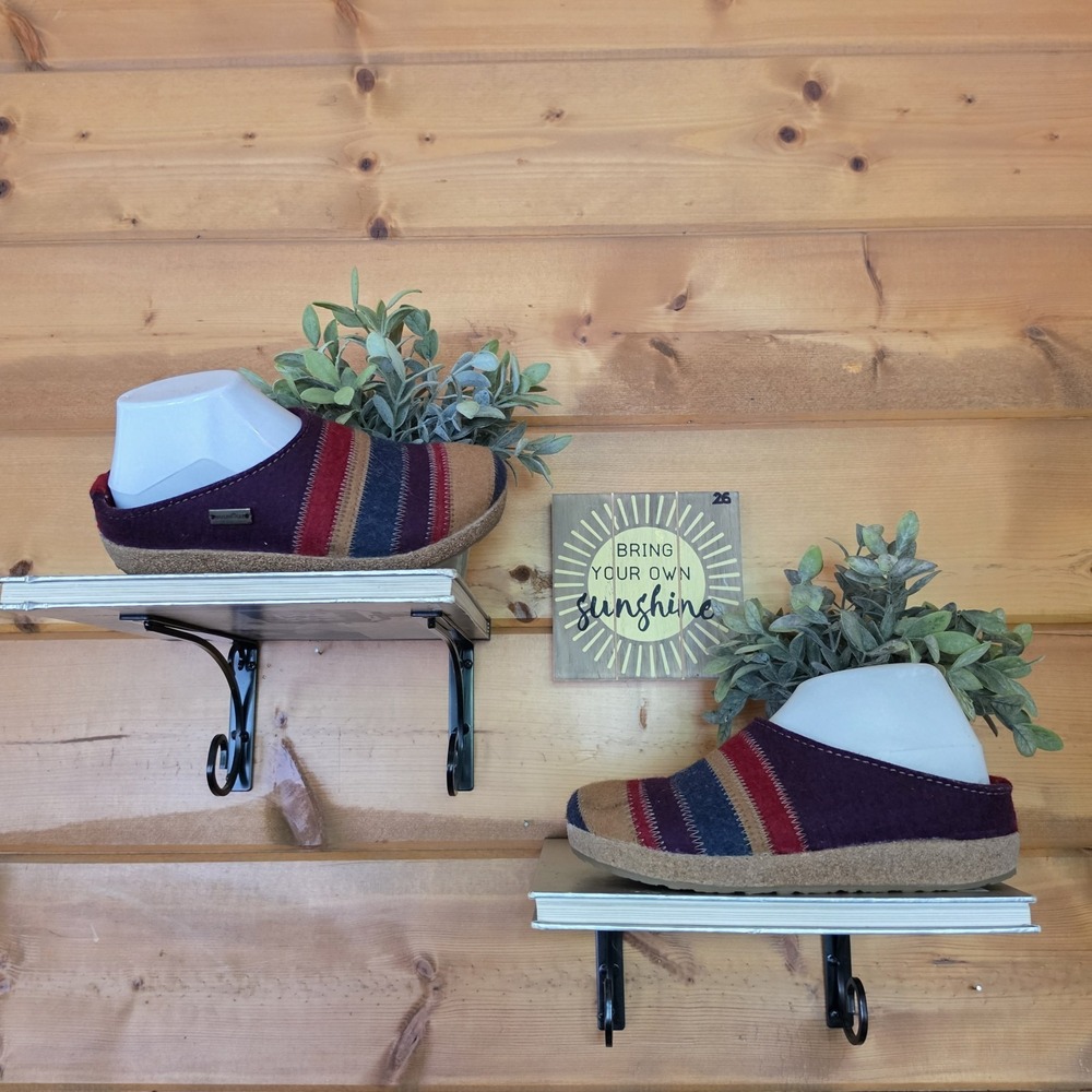 Haflinger Energy Wool Felt Striped Grizzly Slipper Clog Contoured Shoes Sz 37/6